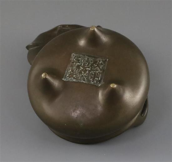 A Chinese bronze tripod censer and stand, Xuande mark but later Qing dynasty, censer 9.5cm diam.